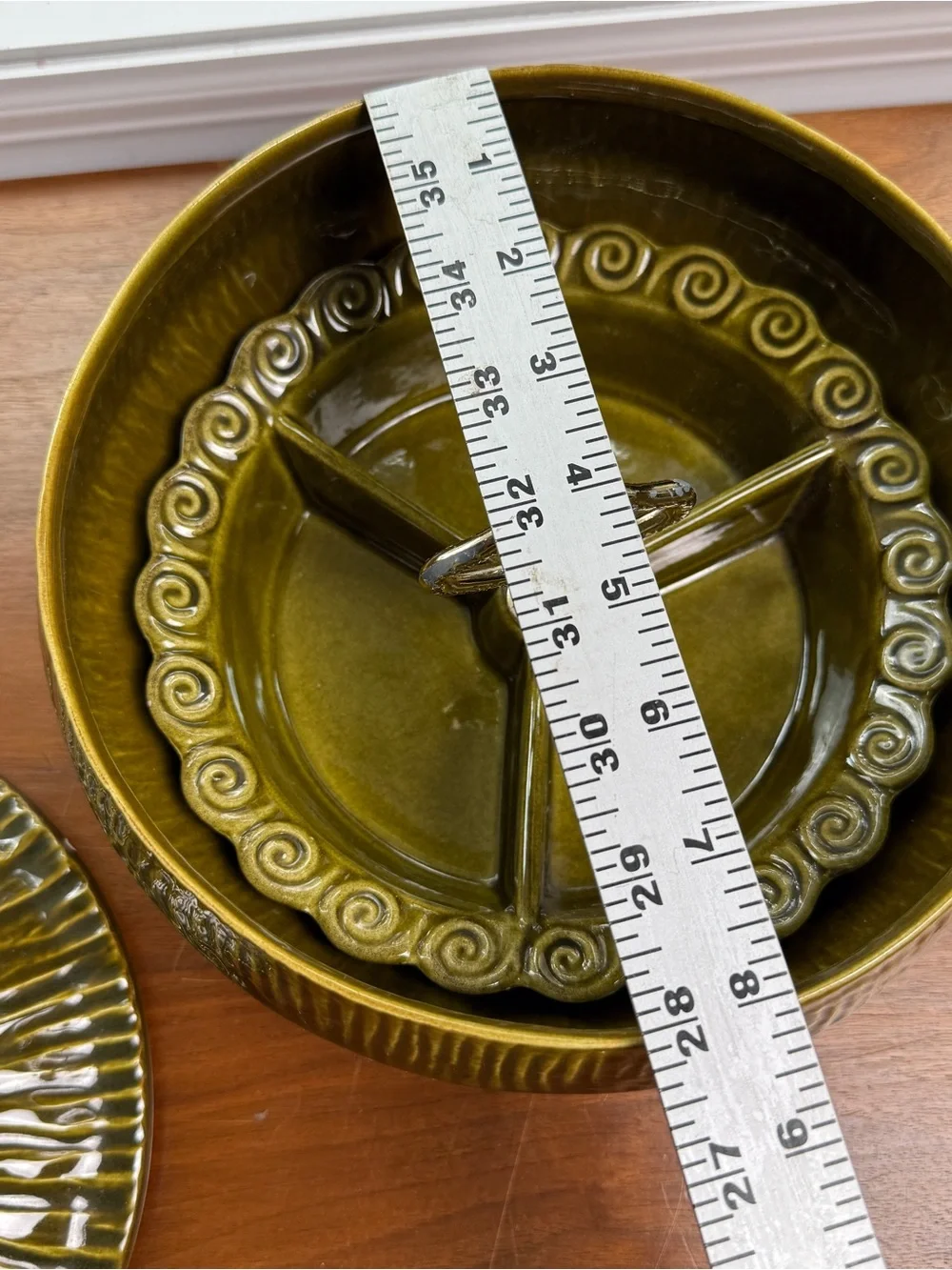 Vtg Maurice California Green Nut 3 Section Dish MCM & Lidded Casserole HTF Apple